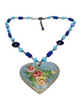 Hand-Painted Yellow Pink Flower Blue Wood Heart Pendant Necklace Beaded Chain